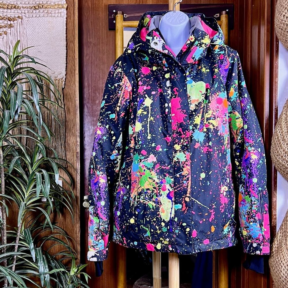 GSOU SNOW 10K Waterproof Ski Jacket Women L Neon Paint Splatter Snowboard Hooded